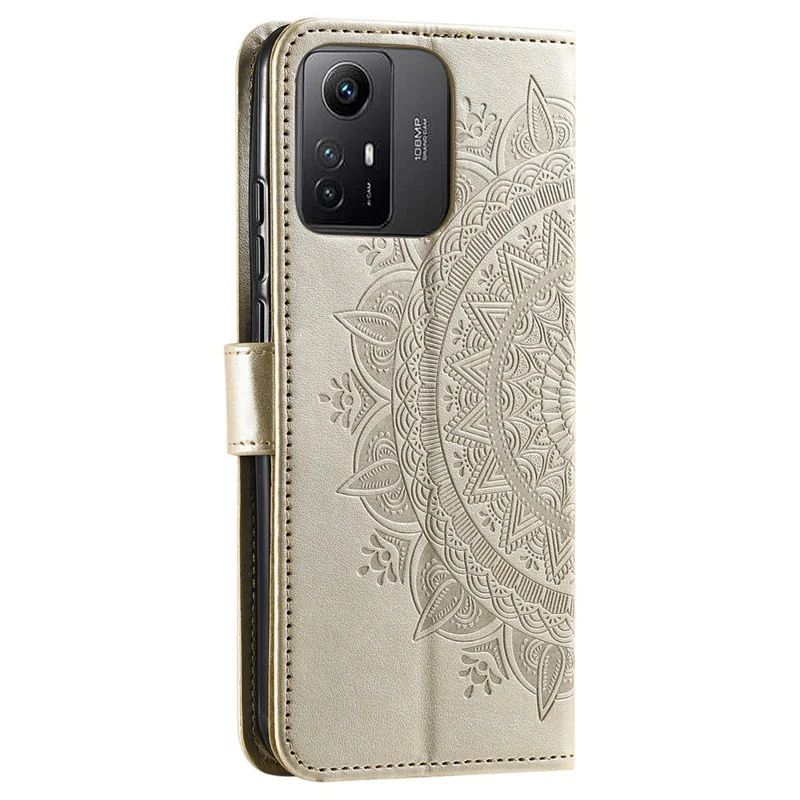 For Xiaomi Redmi Note 12S 4G PU Leather Wallet Phone Case Mandala Flower Imprint Anti-drop Stand Cover - Gold