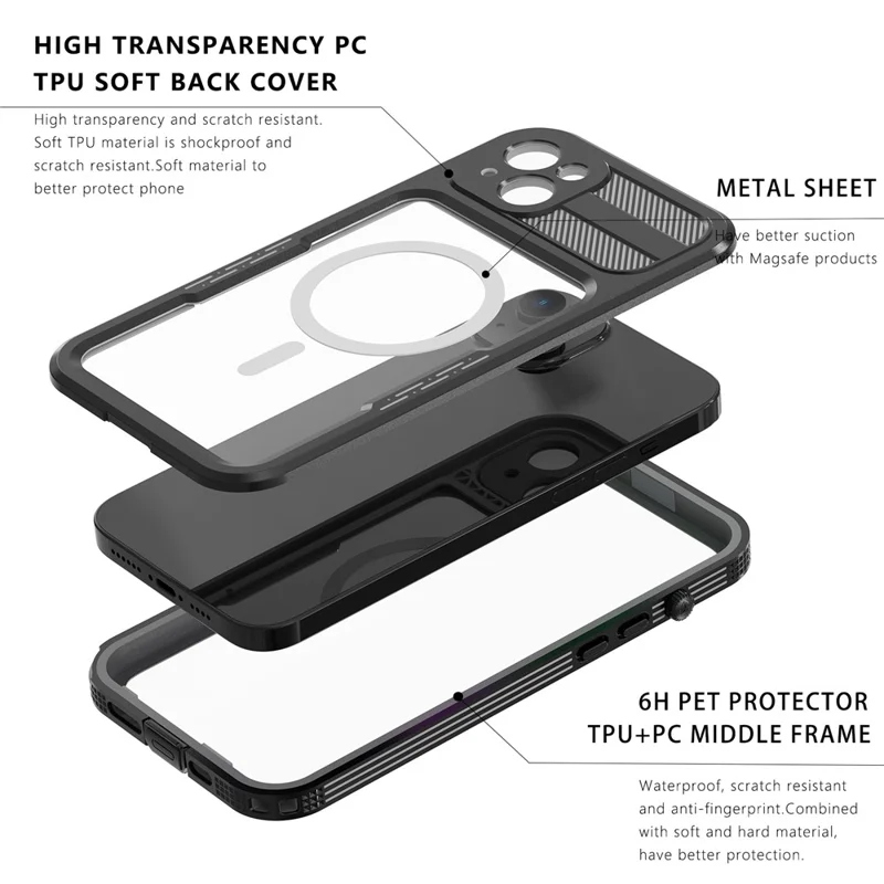 SHELLBOX Magnetic Phone Case for iPhone 14 Plus IP68 Waterproof PC+TPU Clear Cover Compatible with MagSafe