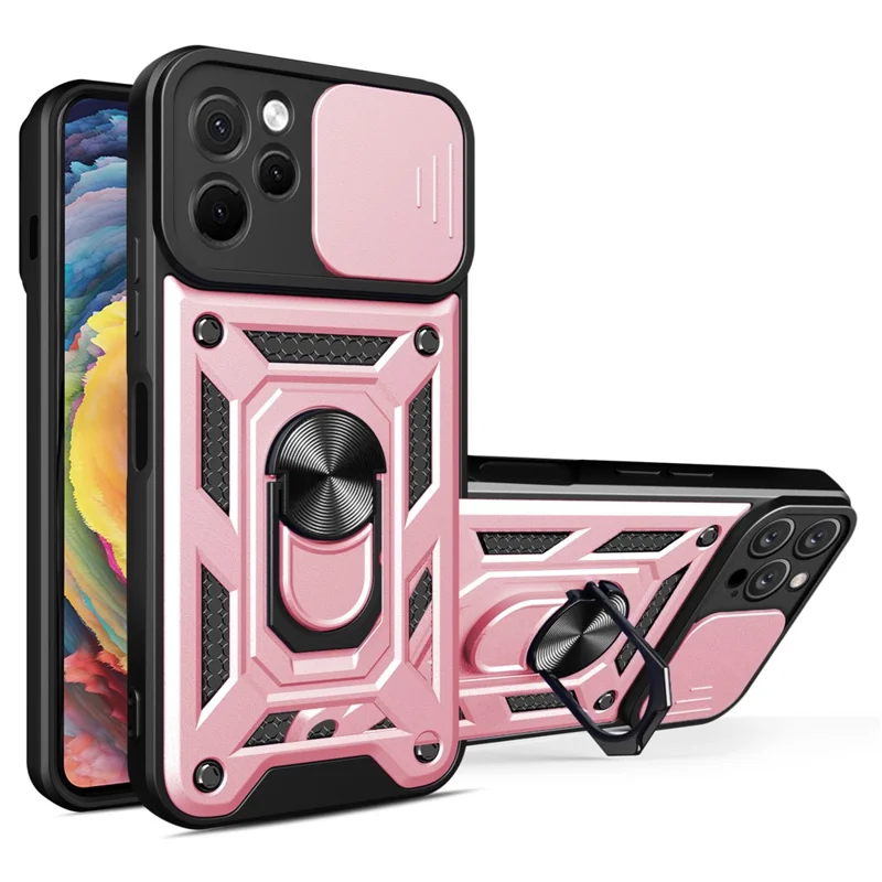 Pour Huawei nova Y61 4G Slide Lens Protection Phone Case PC+TPU Kickstand Cover - Rose Gold