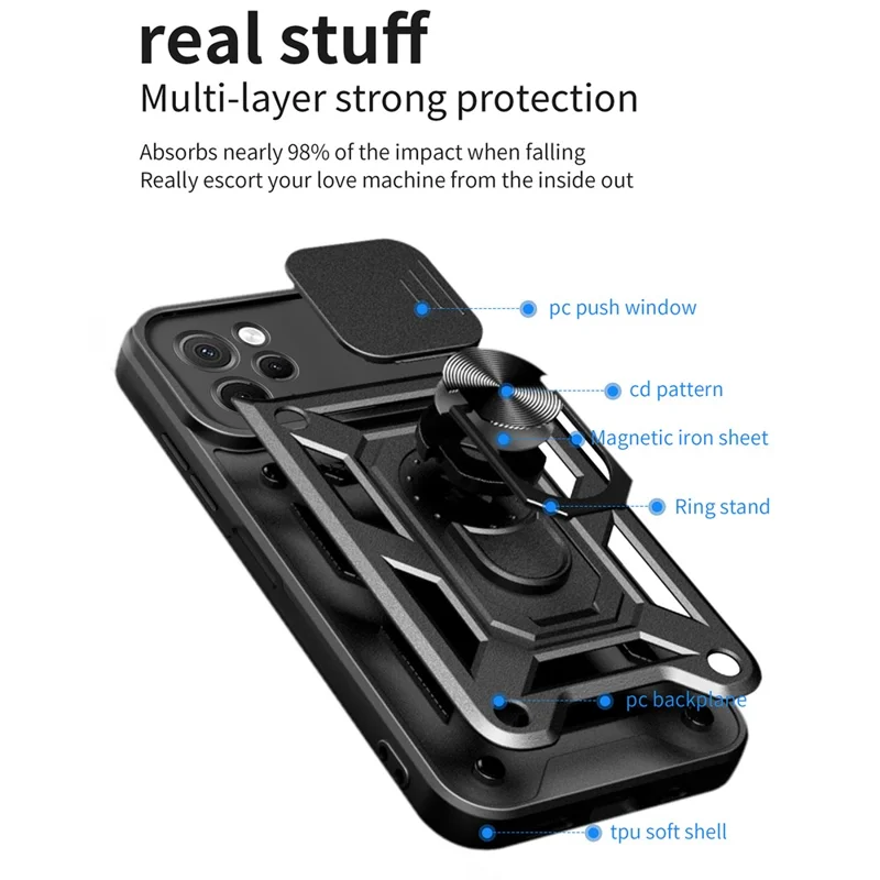 Pour Huawei nova Y61 4G Slide Lens Protection Phone Case PC+TPU Kickstand Cover - Rose Gold