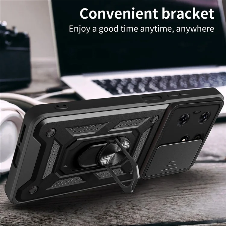 Pour TECNO Spark 10 Pro PC+TPU Anti-Scratch Phone Case Slide Lens Protection Kickstand Cover - Noir