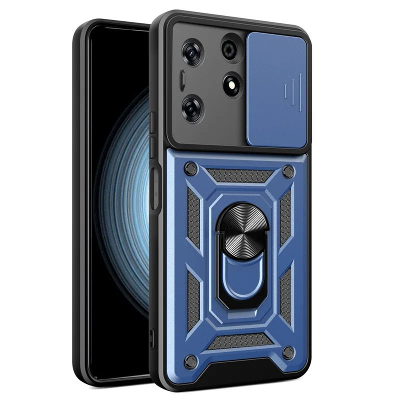 For TECNO Spark 10 Pro PC+TPU Anti-Scratch Phone Case Slide Lens Protection Kickstand Cover - Blue