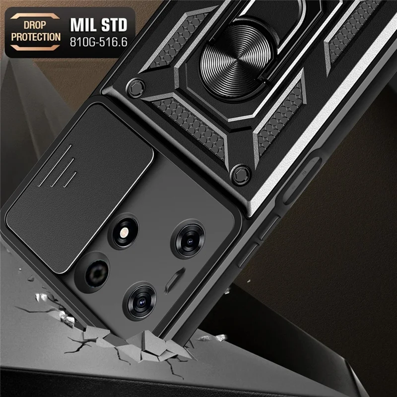 For TECNO Spark 10 Pro PC+TPU Anti-Scratch Phone Case Slide Lens Protection Kickstand Cover - Blue