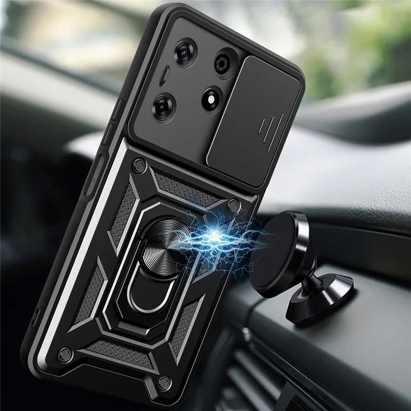 For TECNO Spark 10 Pro PC+TPU Anti-Scratch Phone Case Slide Lens Protection Kickstand Cover - Blue