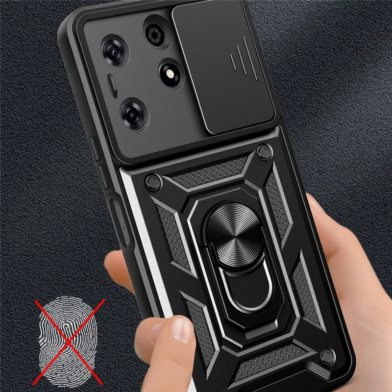 For TECNO Spark 10 Pro PC+TPU Anti-Scratch Phone Case Slide Lens Protection Kickstand Cover - Blue