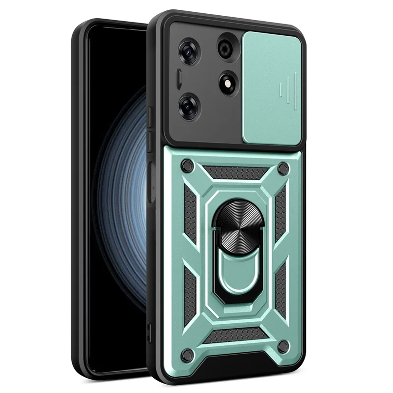For TECNO Spark 10 Pro PC+TPU Anti-Scratch Phone Case Slide Lens Protection Kickstand Cover - Green