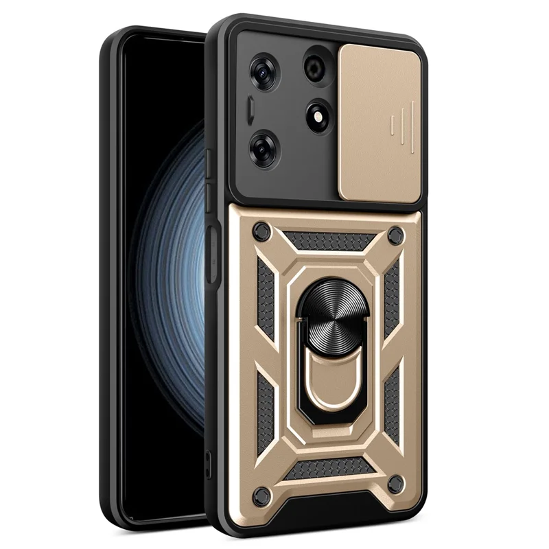 For TECNO Spark 10 Pro PC+TPU Anti-Scratch Phone Case Slide Lens Protection Kickstand Cover - Gold