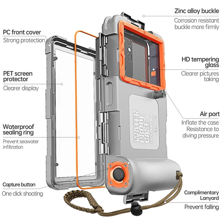 SHELLBOX 15M Custodia subacquea IPX8 impermeabile per iPhone Serie 14 / Serie 13 / Serie 12 Guscio per telefono full body II con corda anti-perdita