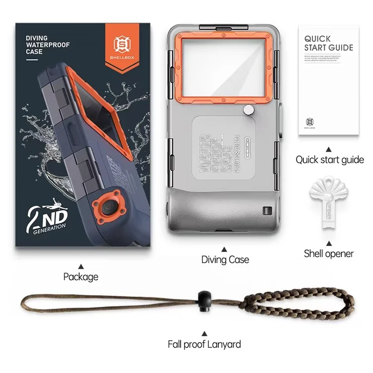 SHELLBOX 15M Custodia subacquea IPX8 impermeabile per iPhone Serie 14 / Serie 13 / Serie 12 Guscio per telefono full body II con corda anti-perdita