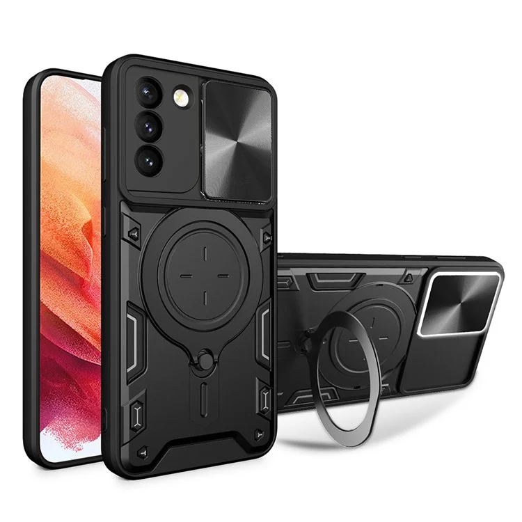 Para Samsung Galaxy S21+ 5G Rotatable Ring Kickstand Cover PC + TPU Phone Case with Slide Camera Lid - Negro