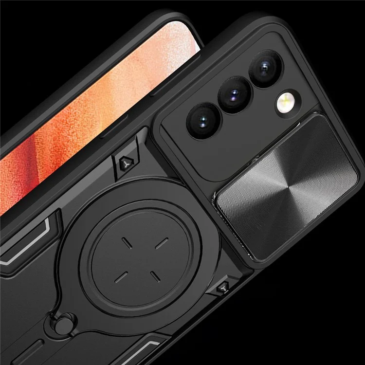 Para Samsung Galaxy S21+ 5G Rotatable Ring Kickstand Cover PC + TPU Phone Case with Slide Camera Lid - Negro