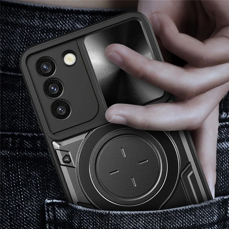 Para Samsung Galaxy S21+ 5G Rotatable Ring Kickstand Cover PC + TPU Phone Case with Slide Camera Lid - Negro