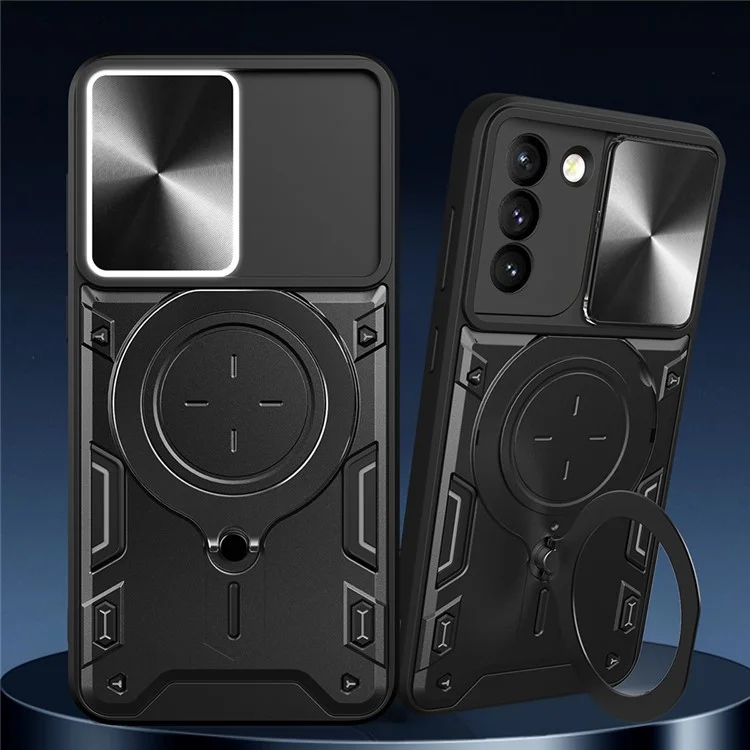 Para Samsung Galaxy S21+ 5G Rotatable Ring Kickstand Cover PC + TPU Phone Case with Slide Camera Lid - Negro