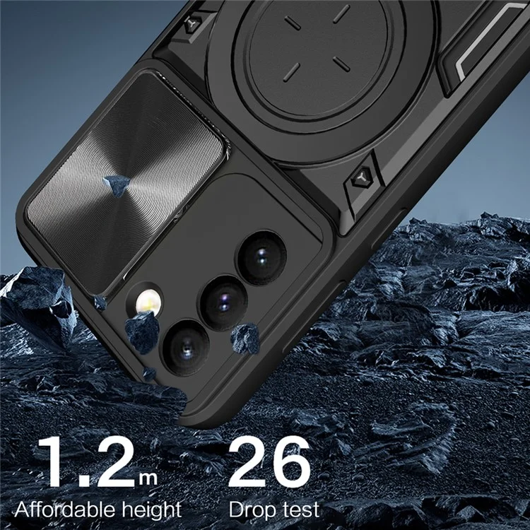 Para Samsung Galaxy S21+ 5G Rotatable Ring Kickstand Cover PC + TPU Phone Case with Slide Camera Lid - Negro