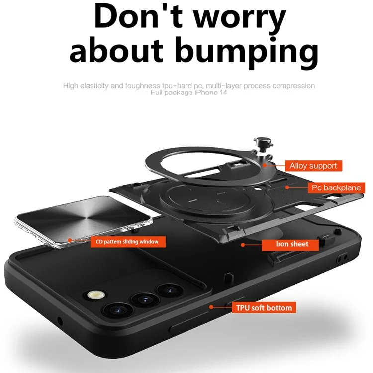 Para Samsung Galaxy S21+ 5G Rotatable Ring Kickstand Cover PC + TPU Phone Case with Slide Camera Lid - Negro