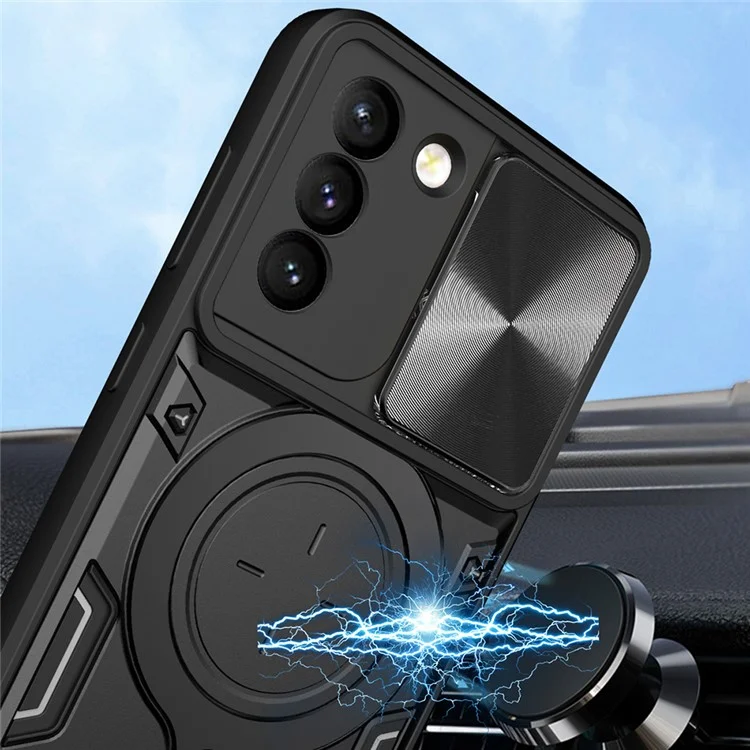 Para Samsung Galaxy S21+ 5G Rotatable Ring Kickstand Cover PC + TPU Phone Case with Slide Camera Lid - Negro