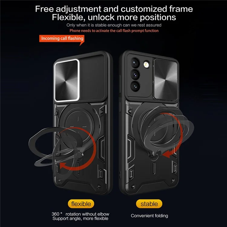 Para Samsung Galaxy S21+ 5G Rotatable Ring Kickstand Cover PC + TPU Phone Case with Slide Camera Lid - Negro