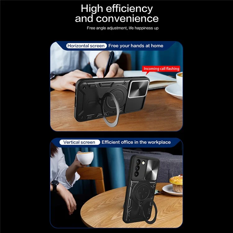 Para Samsung Galaxy S21+ 5G Rotatable Ring Kickstand Cover PC + TPU Phone Case with Slide Camera Lid - Negro