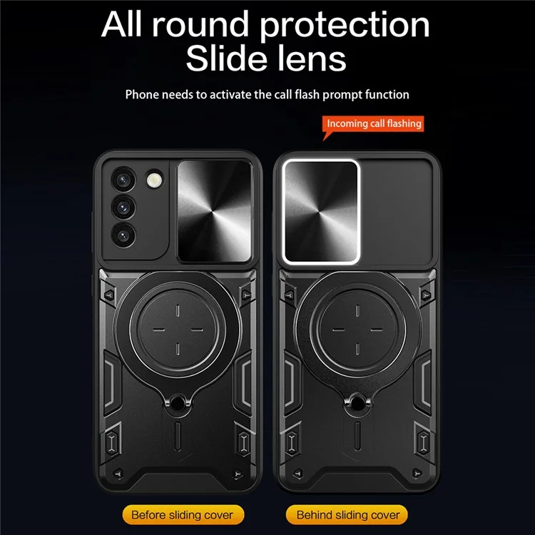 Para Samsung Galaxy S21+ 5G Rotatable Ring Kickstand Cover PC + TPU Phone Case with Slide Camera Lid - Negro