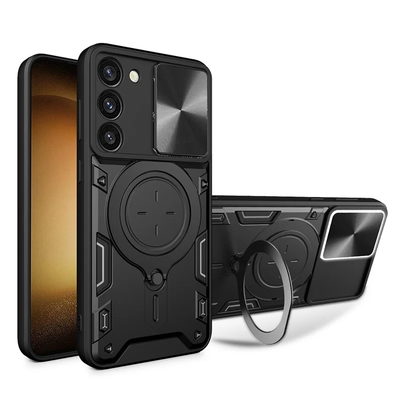 Pour Samsung Galaxy S23+ Rotatable Ring Kickstand Anti-drop Cover Slide Camera Lid PC + TPU Phone Case - Noir