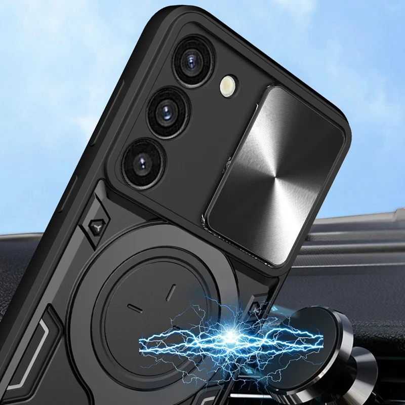 Pour Samsung Galaxy S23+ Rotatable Ring Kickstand Anti-drop Cover Slide Camera Lid PC + TPU Phone Case - Noir