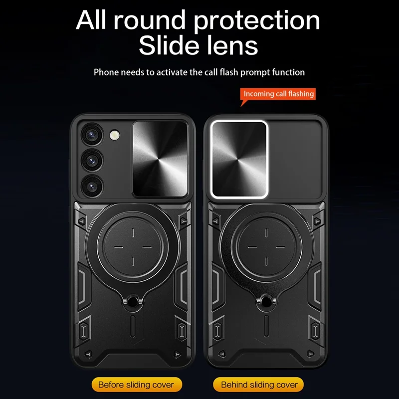For Samsung Galaxy S23 PC + TPU Phone Case Rotatable Ring Kickstand Back Cover with Slide Camera Lid - Black