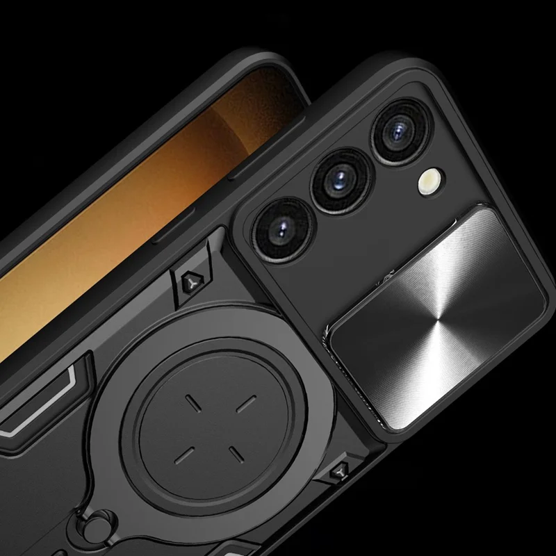 For Samsung Galaxy S23 PC + TPU Phone Case Rotatable Ring Kickstand Back Cover with Slide Camera Lid - Black