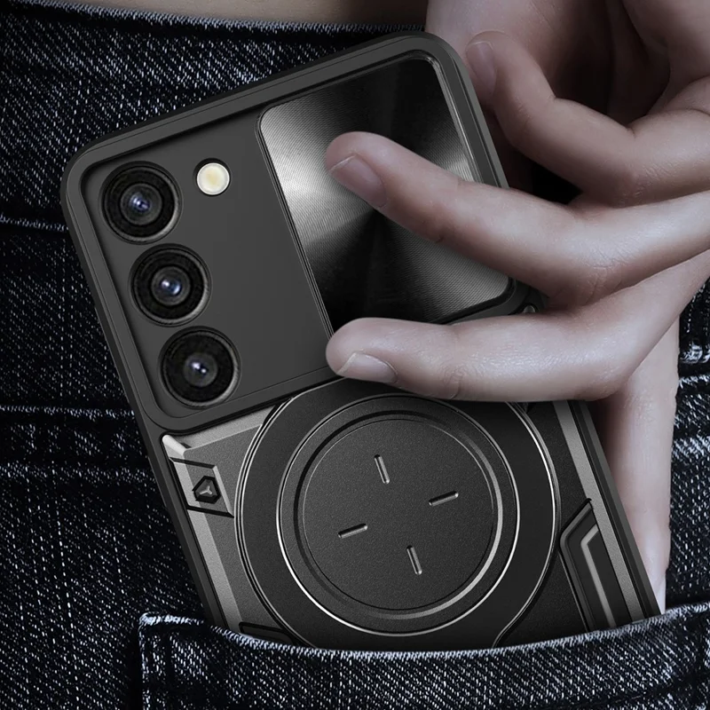 For Samsung Galaxy S23 PC + TPU Phone Case Rotatable Ring Kickstand Back Cover with Slide Camera Lid - Black