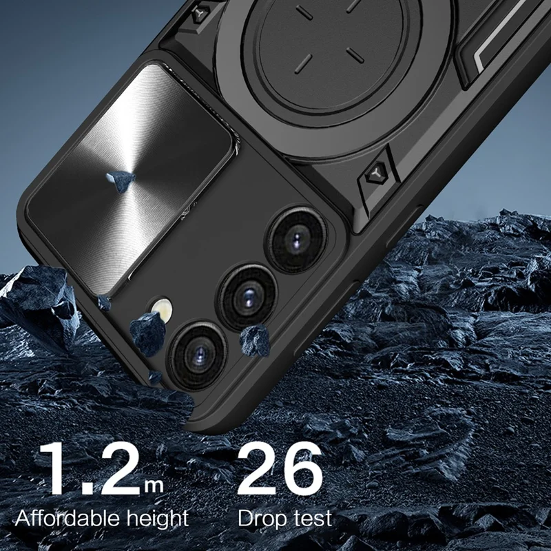 For Samsung Galaxy S23 PC + TPU Phone Case Rotatable Ring Kickstand Back Cover with Slide Camera Lid - Black
