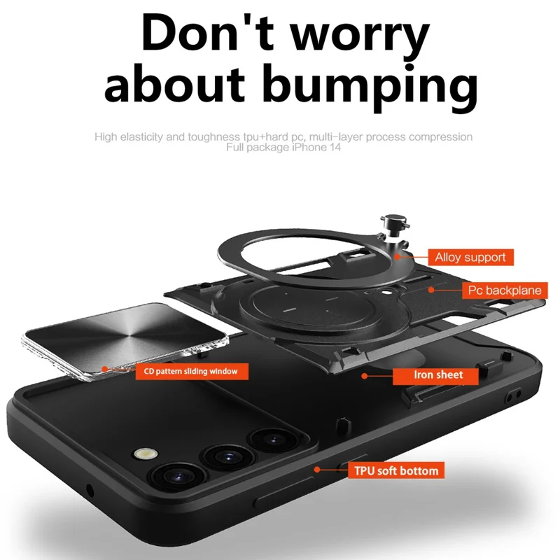 For Samsung Galaxy S23 PC + TPU Phone Case Rotatable Ring Kickstand Back Cover with Slide Camera Lid - Black