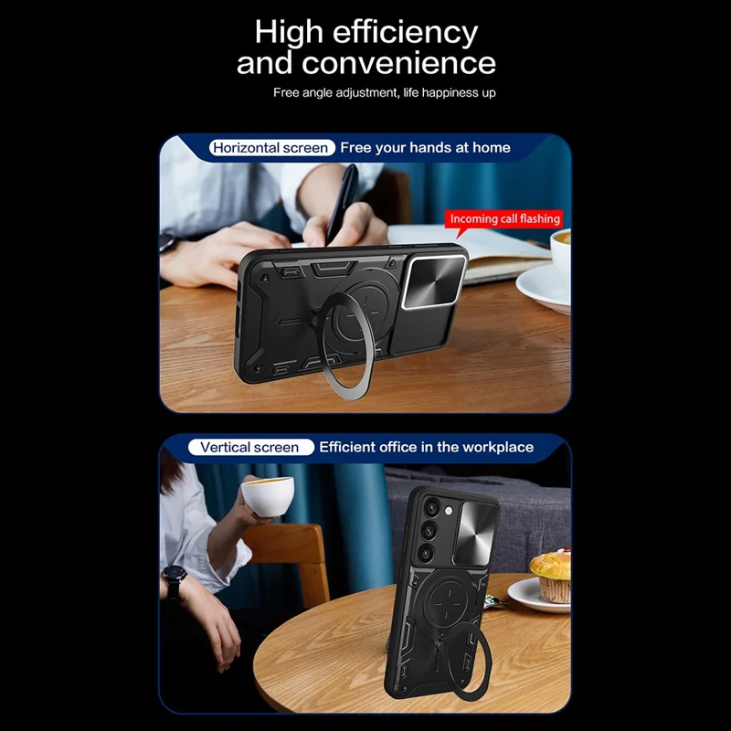 For Samsung Galaxy S23 PC + TPU Phone Case Rotatable Ring Kickstand Back Cover with Slide Camera Lid - Black