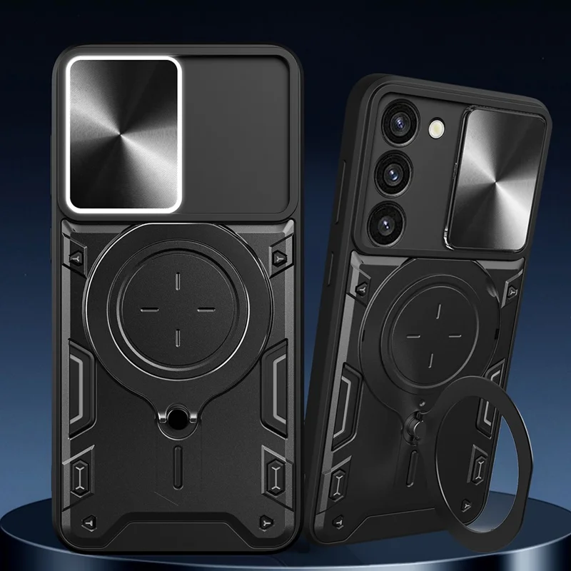 For Samsung Galaxy S23 PC + TPU Phone Case Rotatable Ring Kickstand Back Cover with Slide Camera Lid - Purple