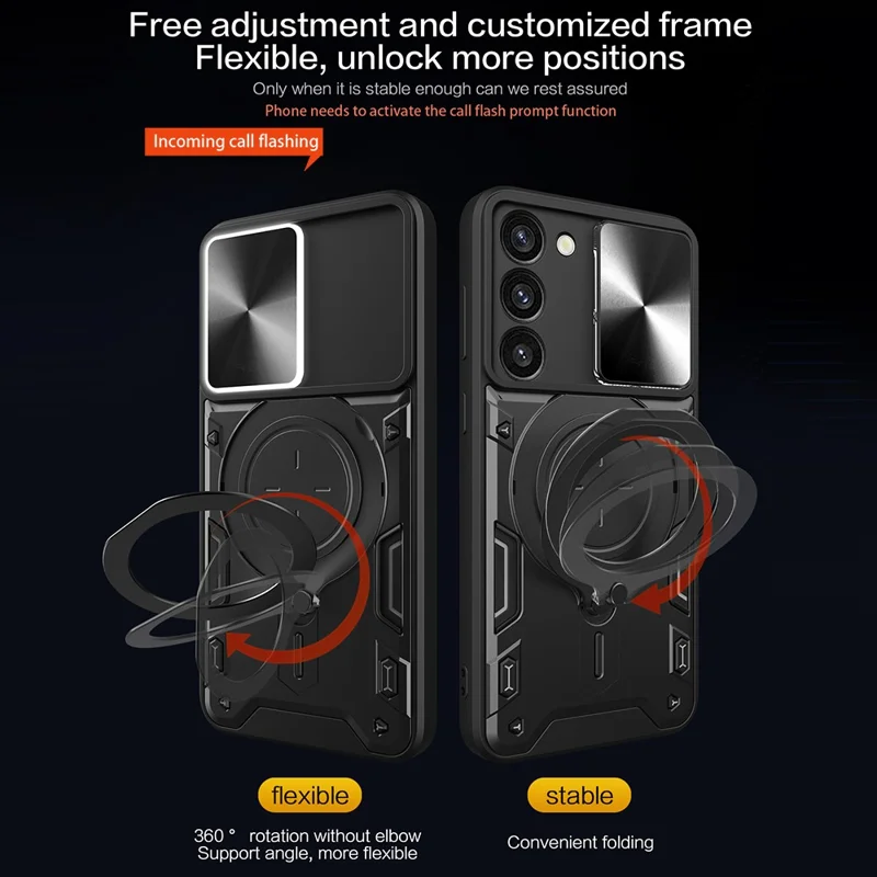 For Samsung Galaxy S23 PC + TPU Phone Case Rotatable Ring Kickstand Back Cover with Slide Camera Lid - Purple