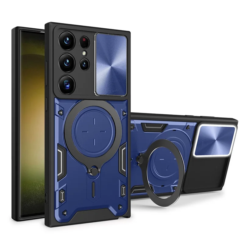 For Samsung Galaxy S22 Ultra 5G Slide Camera Lid PC + TPU Back Cover Rotatable Ring Kickstand Phone Case - Blue