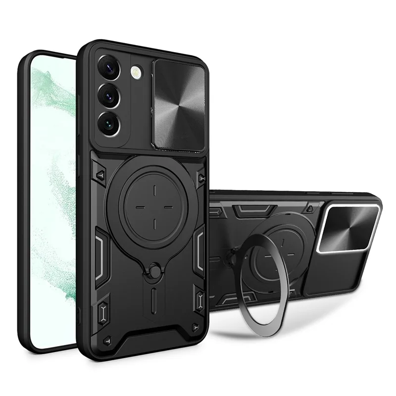 For Samsung Galaxy S22+ 5G Free Rotation Kickstand Phone Cover Slide Camera Lid PC + TPU Anti-drop Case - Black
