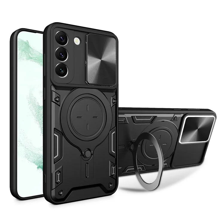 Per Samsung Galaxy S22 5G Rotatable Kickstand Back Cover PC + TPU Phone Case with Slide Camera Lid - Nero