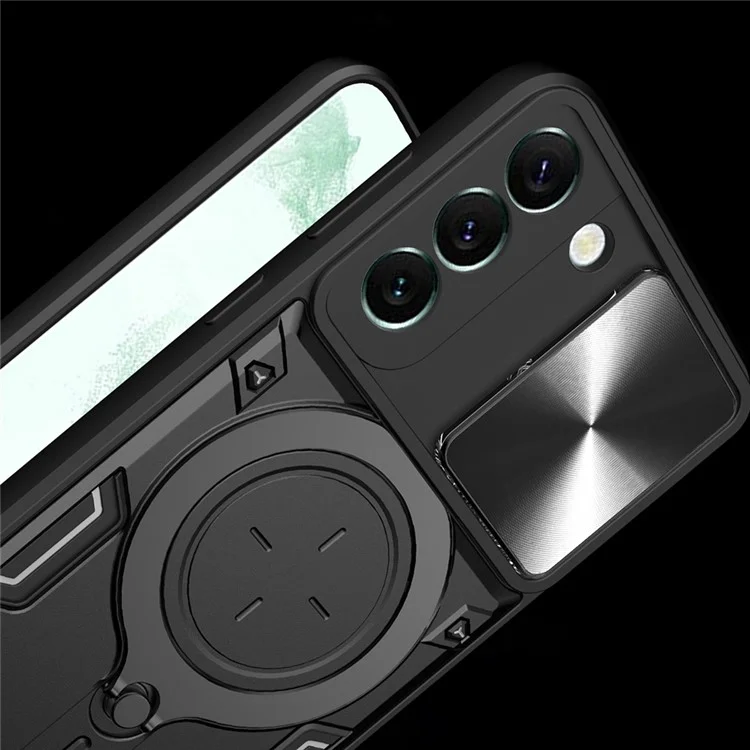 Per Samsung Galaxy S22 5G Rotatable Kickstand Back Cover PC + TPU Phone Case with Slide Camera Lid - Nero