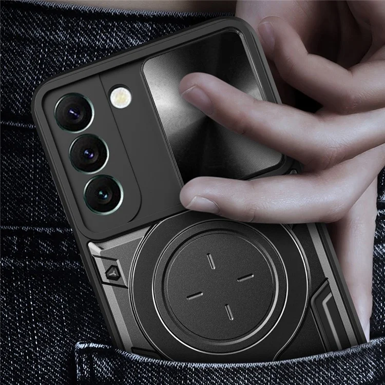 Per Samsung Galaxy S22 5G Rotatable Kickstand Back Cover PC + TPU Phone Case with Slide Camera Lid - Nero