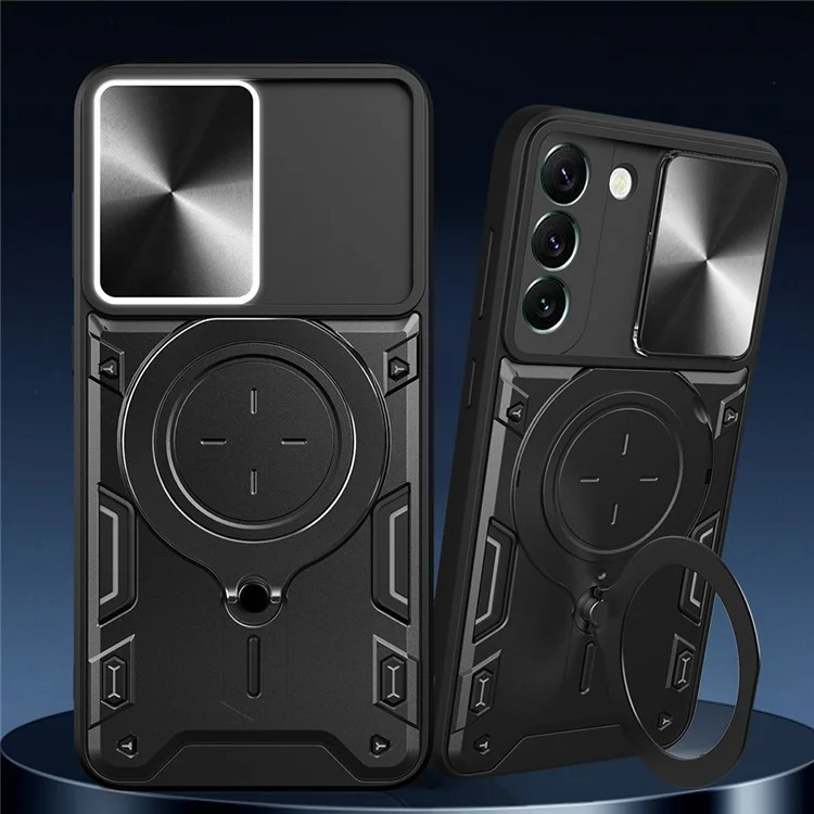 Per Samsung Galaxy S22 5G Rotatable Kickstand Back Cover PC + TPU Phone Case with Slide Camera Lid - Nero