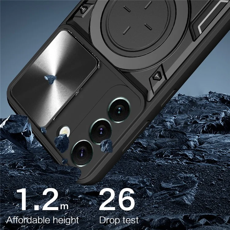 Per Samsung Galaxy S22 5G Rotatable Kickstand Back Cover PC + TPU Phone Case with Slide Camera Lid - Nero