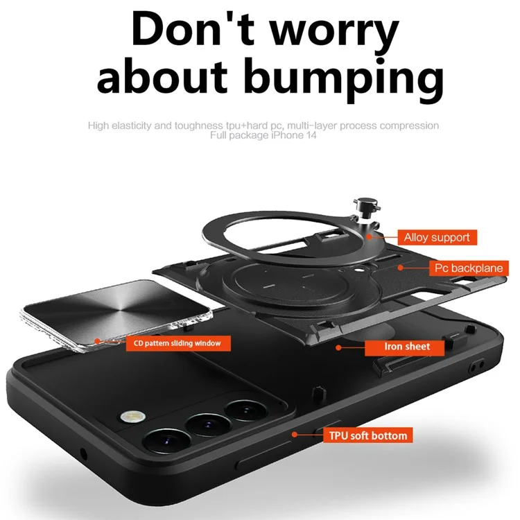 Per Samsung Galaxy S22 5G Rotatable Kickstand Back Cover PC + TPU Phone Case with Slide Camera Lid - Nero
