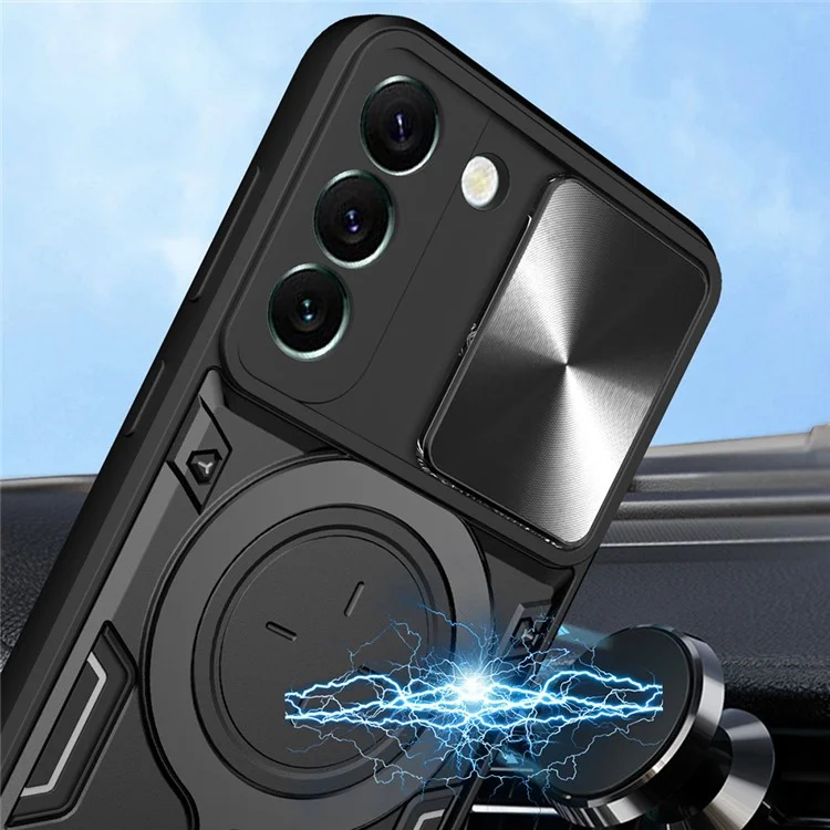 Per Samsung Galaxy S22 5G Rotatable Kickstand Back Cover PC + TPU Phone Case with Slide Camera Lid - Nero