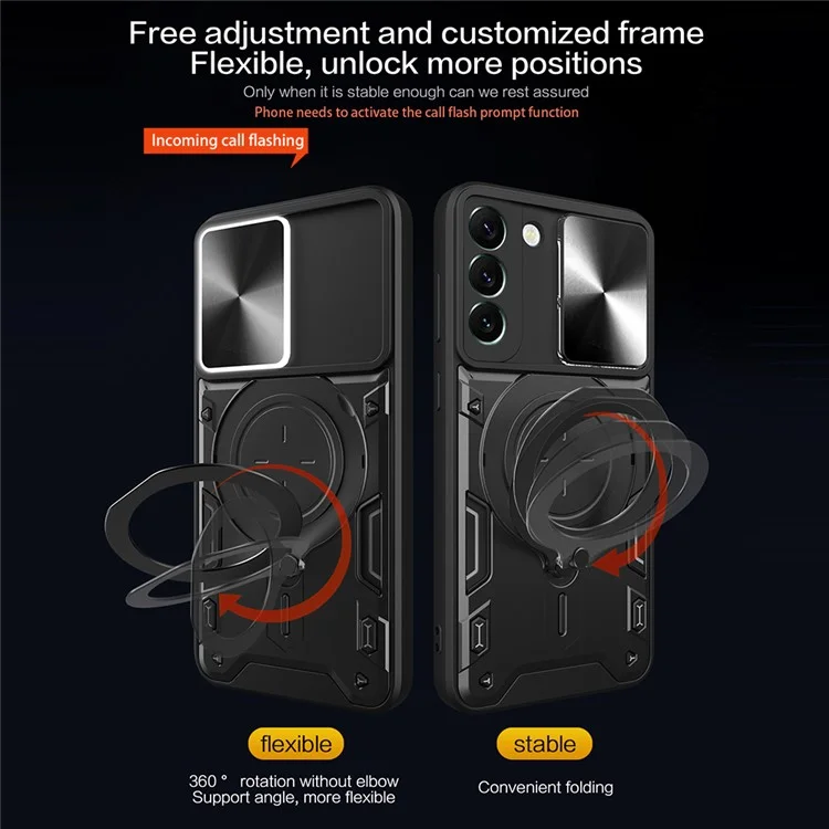 Per Samsung Galaxy S22 5G Rotatable Kickstand Back Cover PC + TPU Phone Case with Slide Camera Lid - Nero