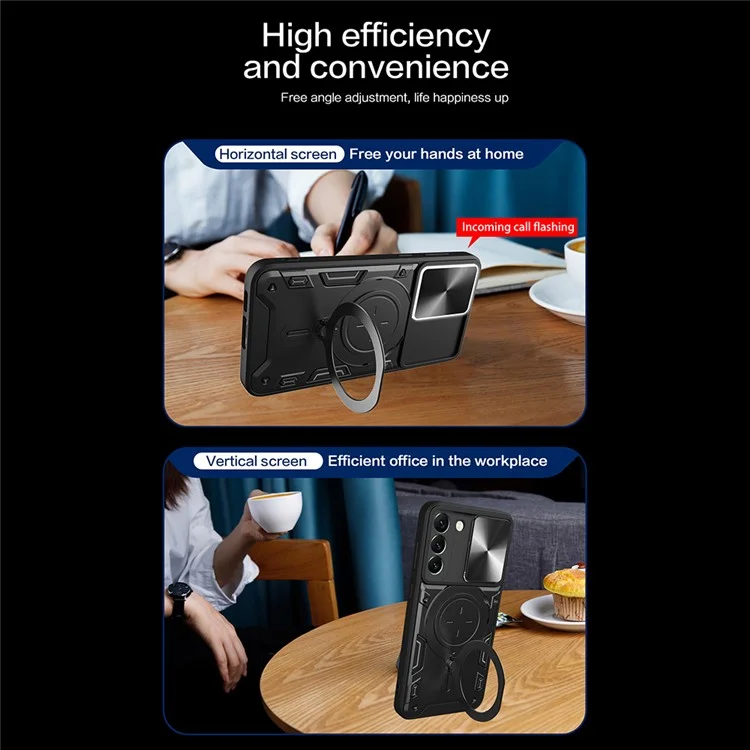 Per Samsung Galaxy S22 5G Rotatable Kickstand Back Cover PC + TPU Phone Case with Slide Camera Lid - Nero