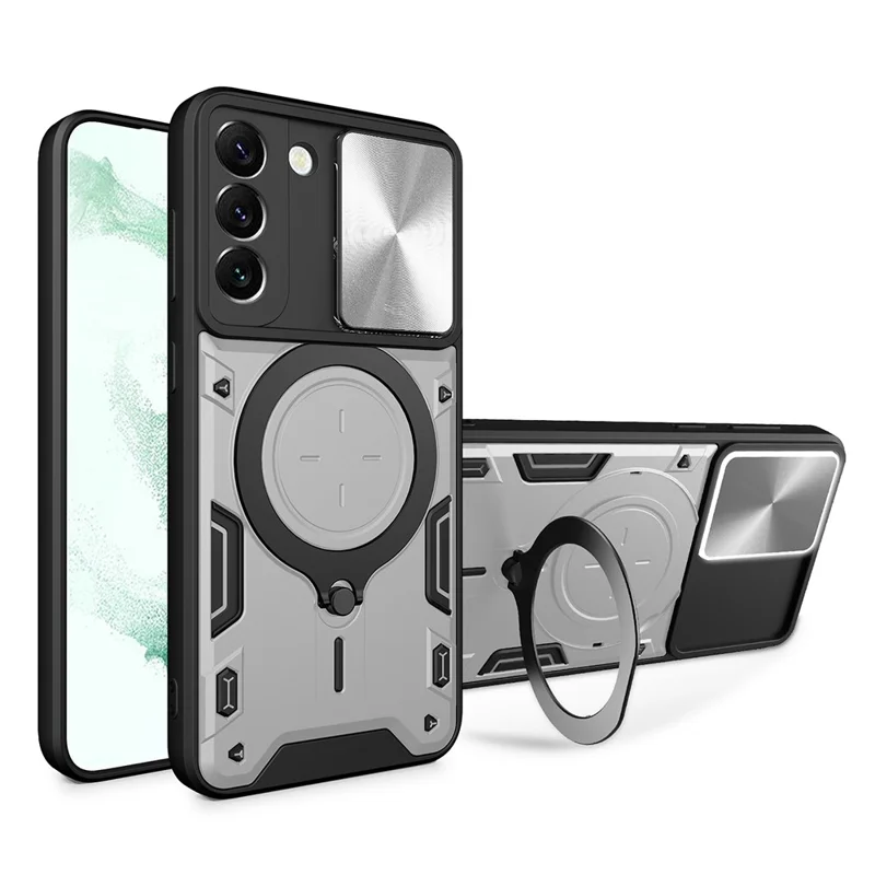 For Samsung Galaxy S22 5G Rotatable Kickstand Back Cover PC + TPU Phone Case with Slide Camera Lid - Silver