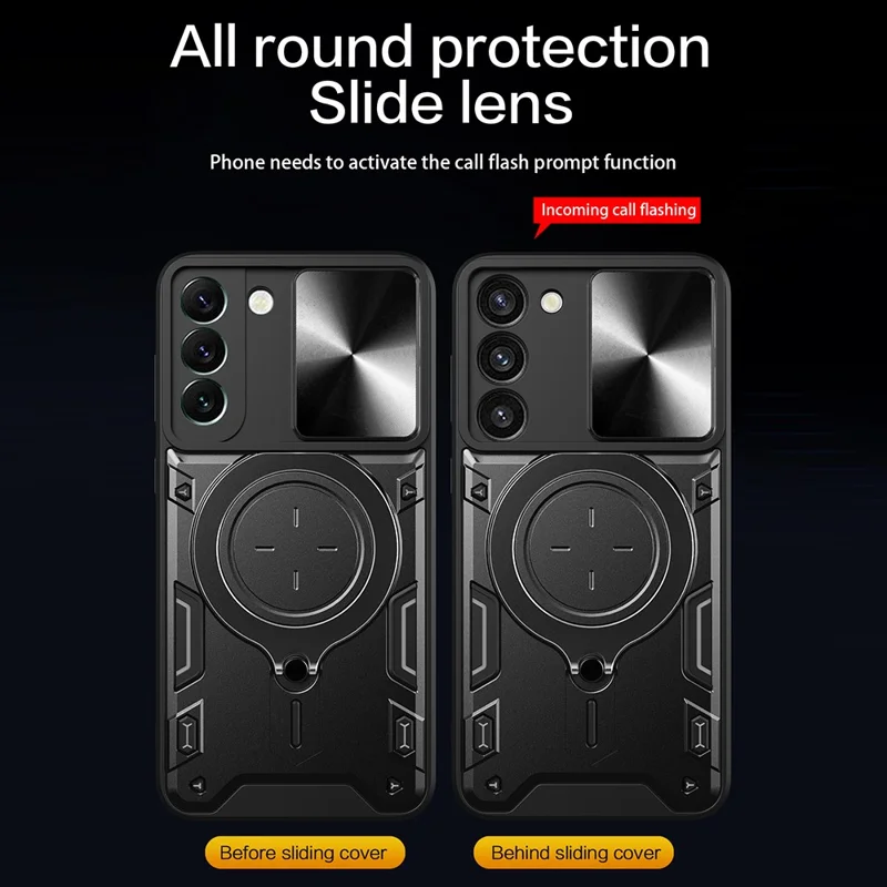 For Samsung Galaxy S22 5G Rotatable Kickstand Back Cover PC + TPU Phone Case with Slide Camera Lid - Silver