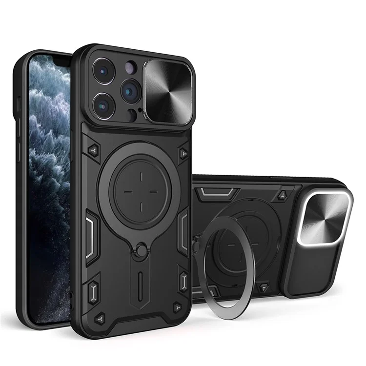 For iPhone 11 Pro Rotatable Kickstand Protective Cover PC + TPU Phone Case with Slide Camera Lid - Black