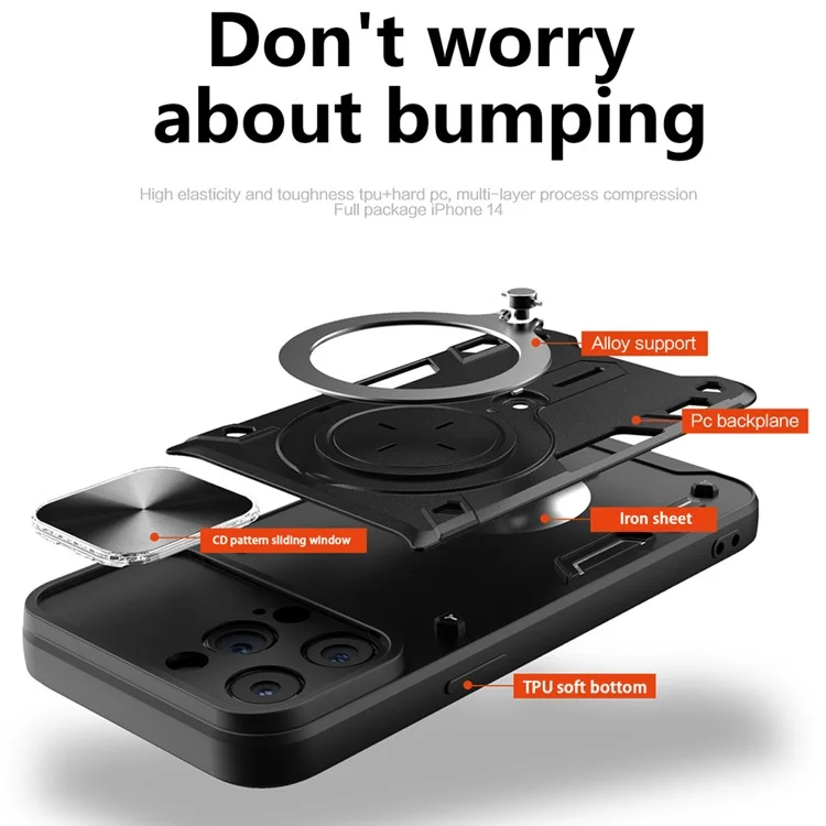 For iPhone 11 Pro Rotatable Kickstand Protective Cover PC + TPU Phone Case with Slide Camera Lid - Black