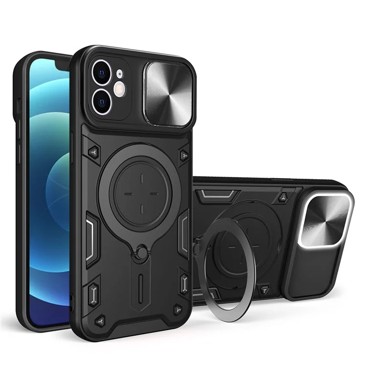 Pour iPhone 12 6.1 pouces Slide Camera Lid Phone Case Rotatable Kickstand PC + TPU Shockproof Cover - Noir