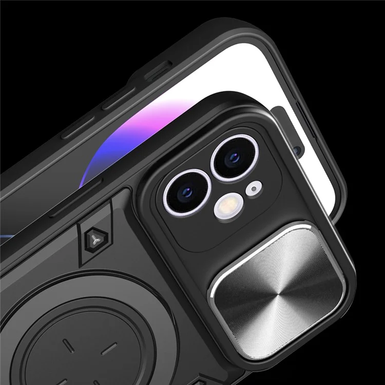Pour iPhone 12 6.1 pouces Slide Camera Lid Phone Case Rotatable Kickstand PC + TPU Shockproof Cover - Noir